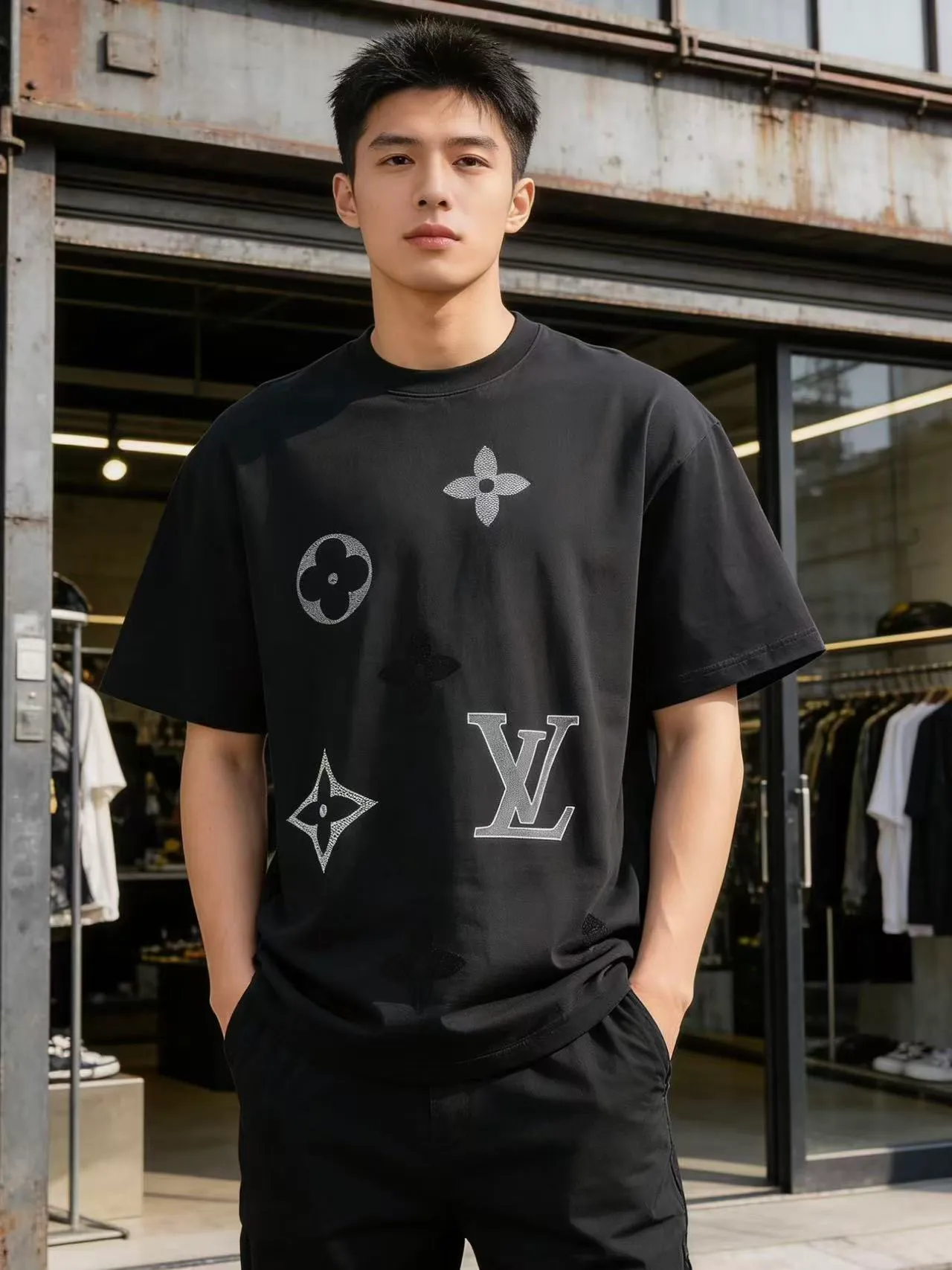 Louis Vuitton/Louis Vuitton flocked logo printed short sleeves